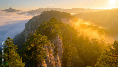 Sunrise over Bastei bridge in the Elbe sandstone mountains with fog in the Elbe valley photo