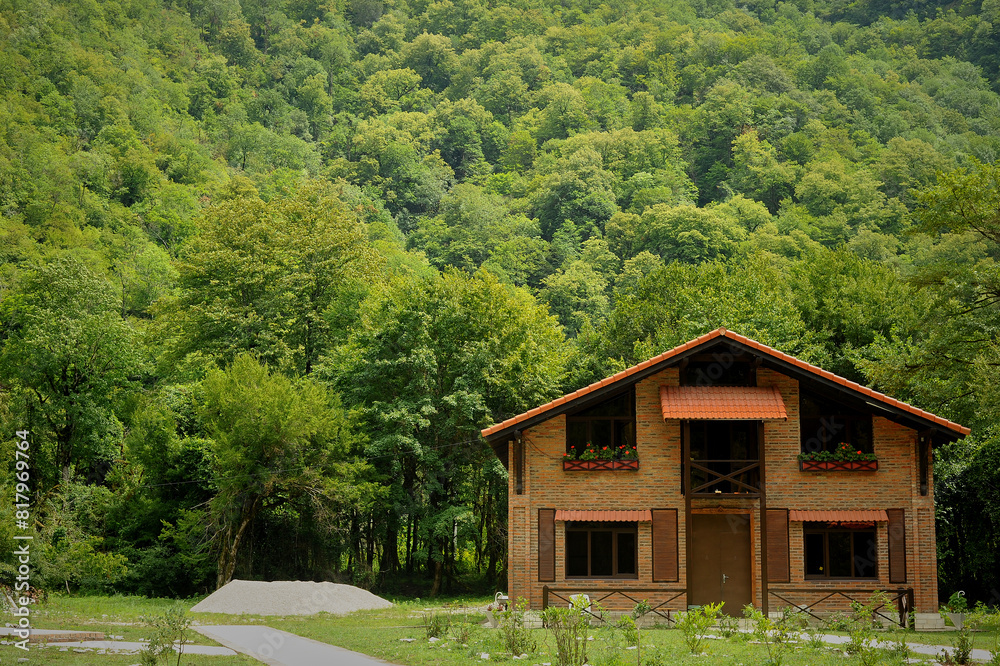 Wooden house log cabin in the mountains in Abkhazia. Ecology and recreation away from the city. Lots of green trees Wooden house log cabin in the mountains in Abkhazia. Ecology and recreation away from the city. Lots of green trees