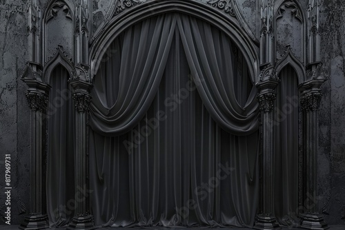 3D rendering of a black gothic arch with drapery and ornate decoration. A black curtain on the wall.