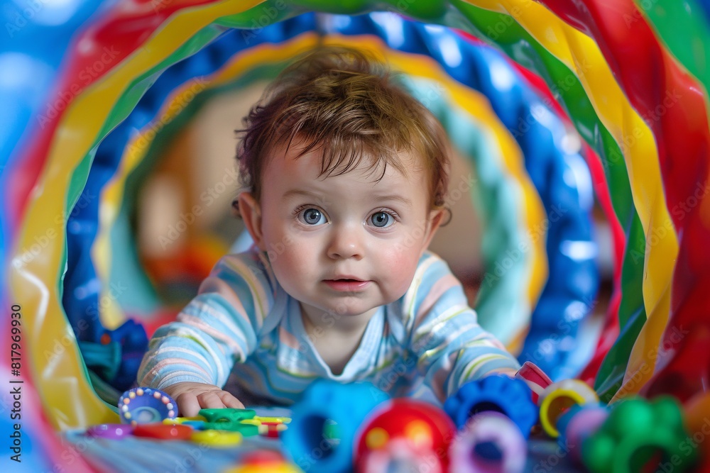 A baby joyfully plays in a vibrant and colorful tunnel, crawling and exploring the different hues around them A baby joyfully plays in a vibrant and colorful tunnel, crawling and exploring the different hues around them