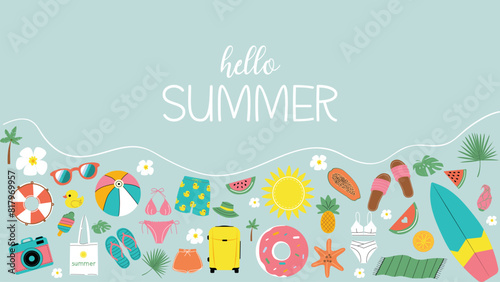 Summer inscription hello summer. Bright summer poster. Collection elements for summer holidays. Suitable for prints, posters, cards, invitations, templates