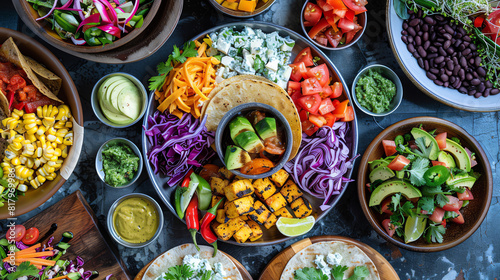 A colorful vegan taco spread with fillings like jackfruit, grilled veggies, and black beans photo