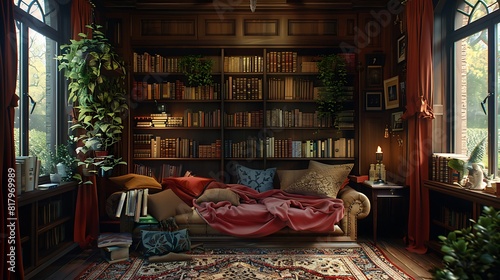 A cozy reading nook, bathed in warm light, adorned with shelves of well-loved books and plush cushions.