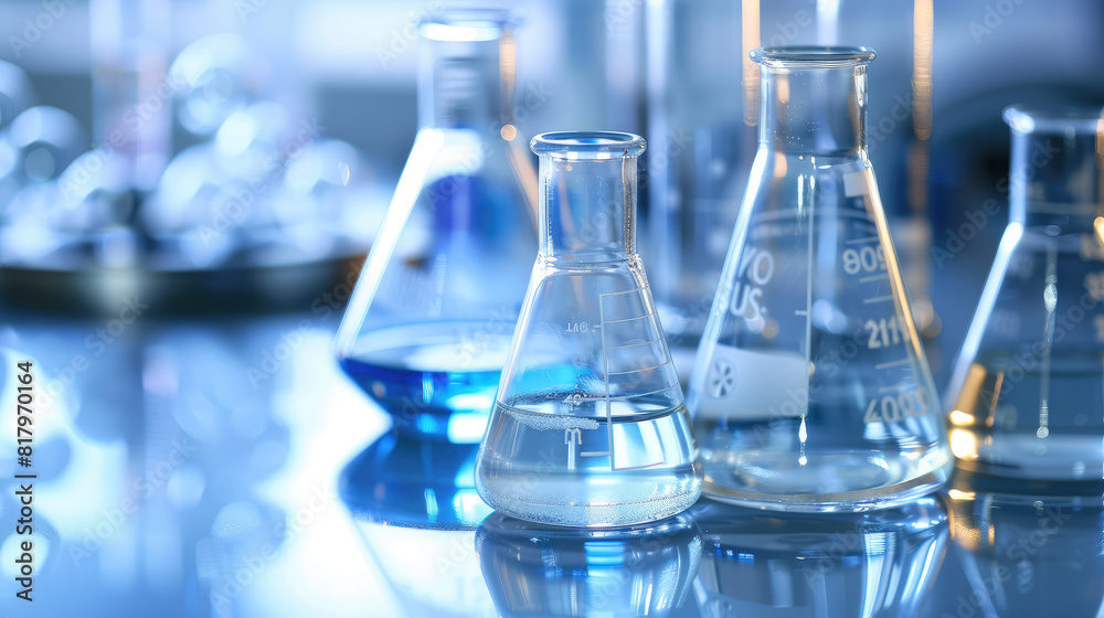 Laboratory glassware with various liquids on a reflective surface. Laboratory glassware with various liquids on a reflective surface.