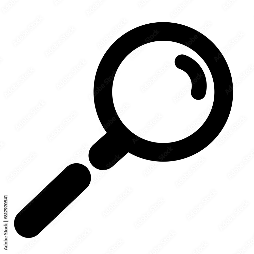 The black magnifying glass icon is on a white background The black magnifying glass icon is on a white background