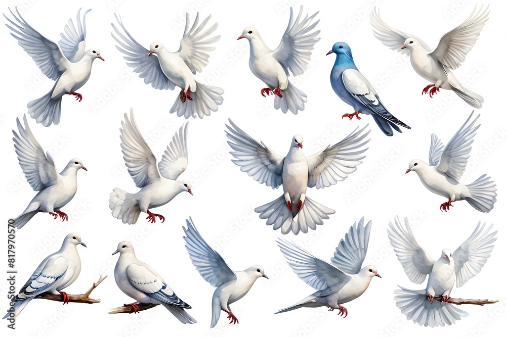 Set of white pigeons, isolated on a white background Set of white pigeons, isolated on a white background