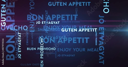 Enjoy your meal kinetic text abstract concept loop animated. Bon appetit in different languages word typography seamless looping 3d animation.