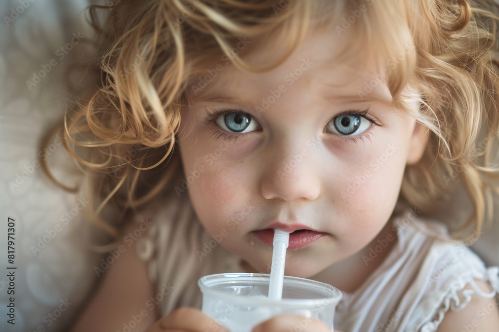 A young female child is sitting, holding a glass of milk, and drinking from it A young female child is sitting, holding a glass of milk, and drinking from it