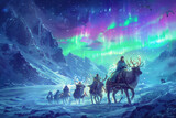 Arctic creatures join in a merry procession under the aurora borealis