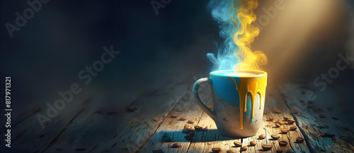 Coffee cup in a steaming mug on a wooden surface, illuminated by a beam of light, creating a magical and warm atmosphere. photo