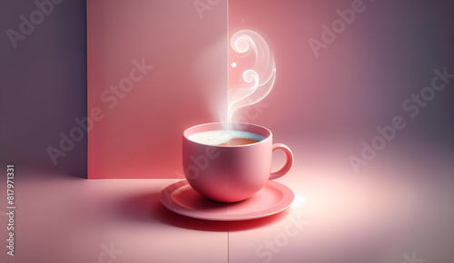 A steaming cup of coffee sits on a saucer, illuminated by a soft light against a pink backdrop. photo