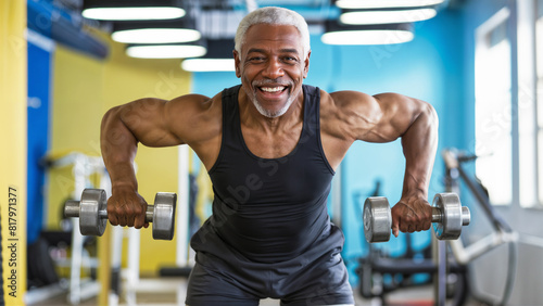 Healthy mature african american man lifting weights in the gym, happy old man exercising with dumbbells, active elder black man training hd, senior fitness health © OpticalDesign
