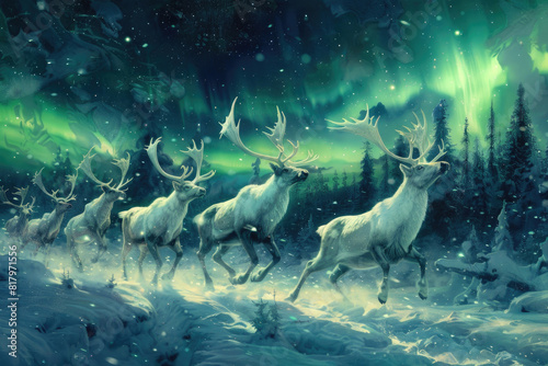 Arctic creatures join in a merry procession under the aurora borealis