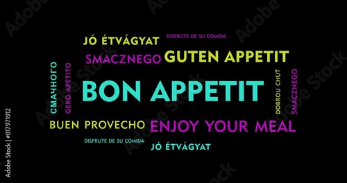 Enjoy your meal kinetic text abstract concept loop animated. Bon appetit in different languages word typography seamless looping 3d animation.