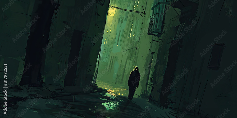 Disoriented Wanderer: In the gloomy shadows of an unfamiliar backstreet, a weary figure drags their feet as they make their way home