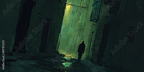 Disoriented Wanderer: In the gloomy shadows of an unfamiliar backstreet, a weary figure drags their feet as they make their way home