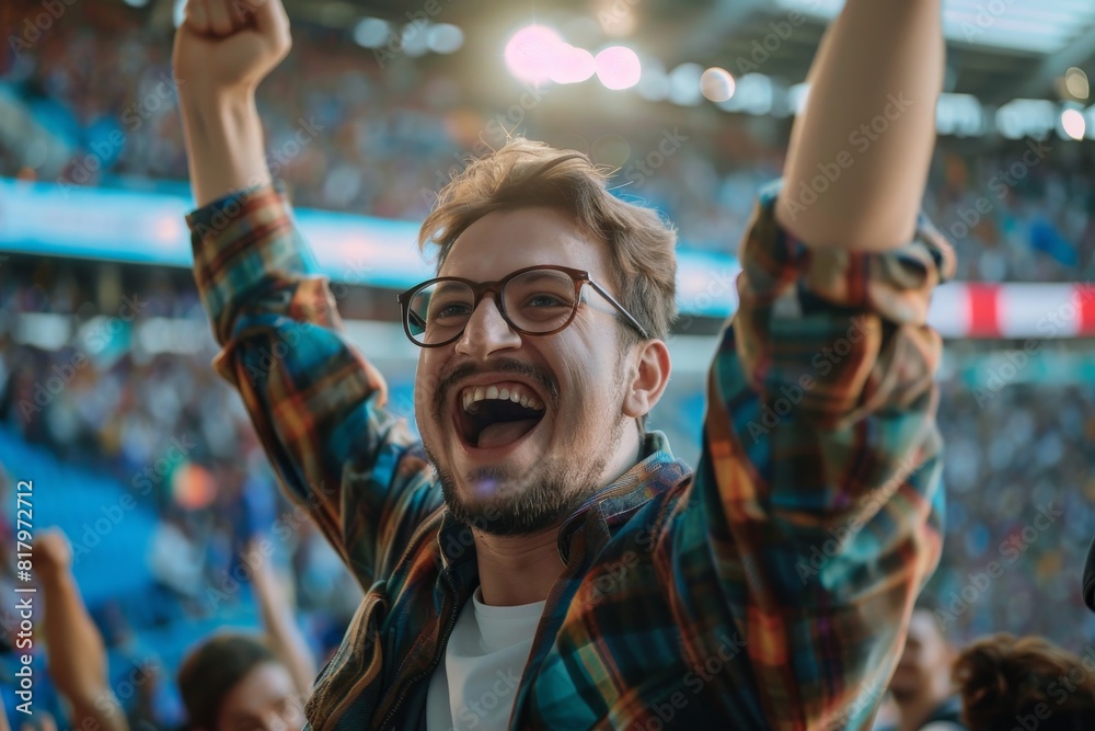 A young guy joyfully cheering, in the stadium during an event match A young guy joyfully cheering, in the stadium during an event match