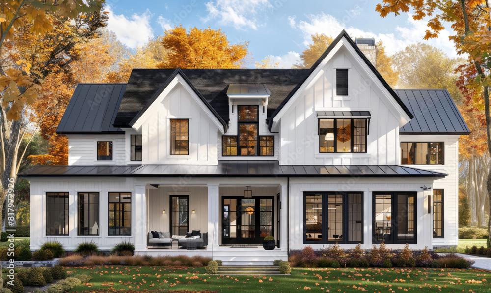 3d rendering of modern farmhouse style house with gable roof and white walls, black trim, arched windows, front yard, autumn trees
