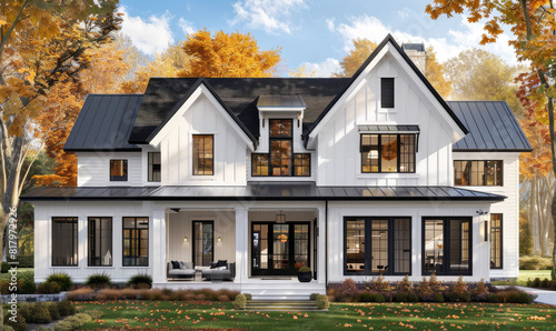 3d rendering of modern farmhouse style house with gable roof and white walls  black trim  arched windows  front yard  autumn trees