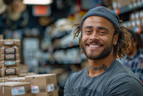 Happy young man in warehouse, with tattoo and beanie, smiling at camera.