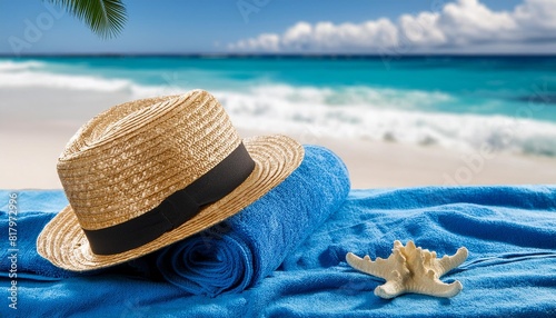 blue towel with hat and summer beach