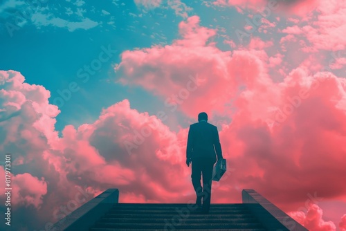 Top view  from behind of a businessman walking up stairs with bag in the hand.  urban context walking  sky and clouds pink sunset
