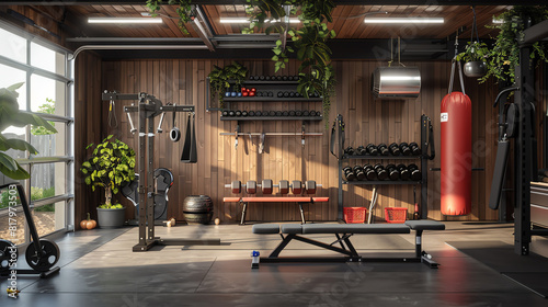 A garage turned into a gym with a weight bench, barbell set, and punching bag photo