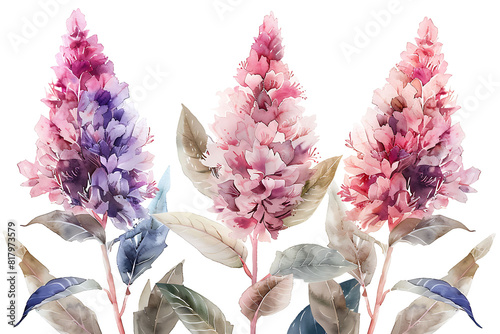 Colorful Celosia Flowers and Leaves Watercolor Illustration on White Background photo