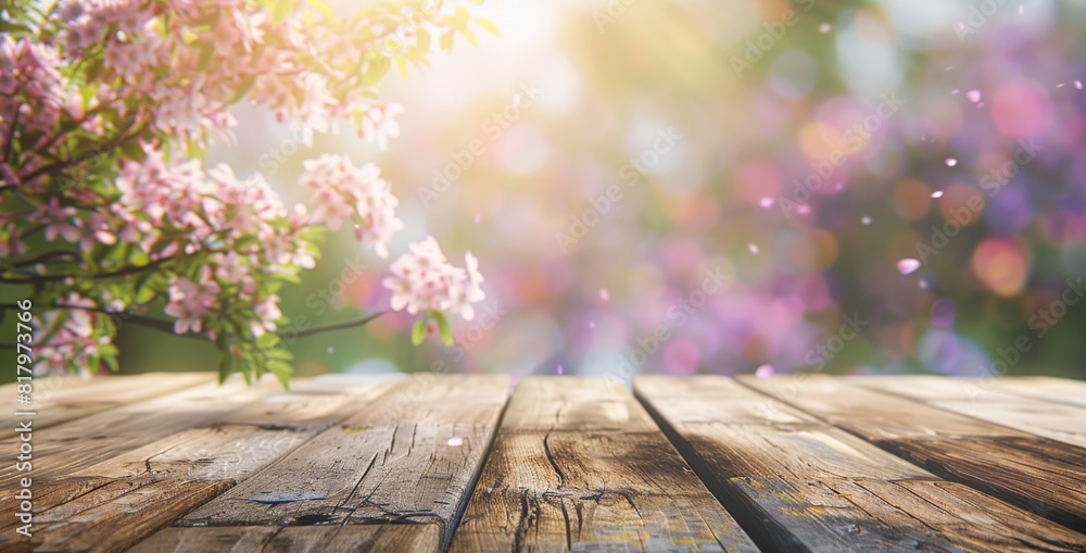 Empty wooden table top for product display, presentation stage. Spring flowers, blossoming Cherry trees, Sakura flower Park with garden in the background.
