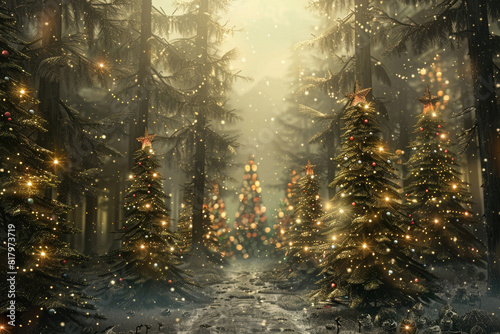 A mystical forest where each pine tree is uniquely adorned with Christmas finery