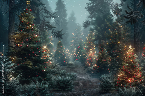 A mystical forest where each pine tree is uniquely adorned with Christmas finery photo