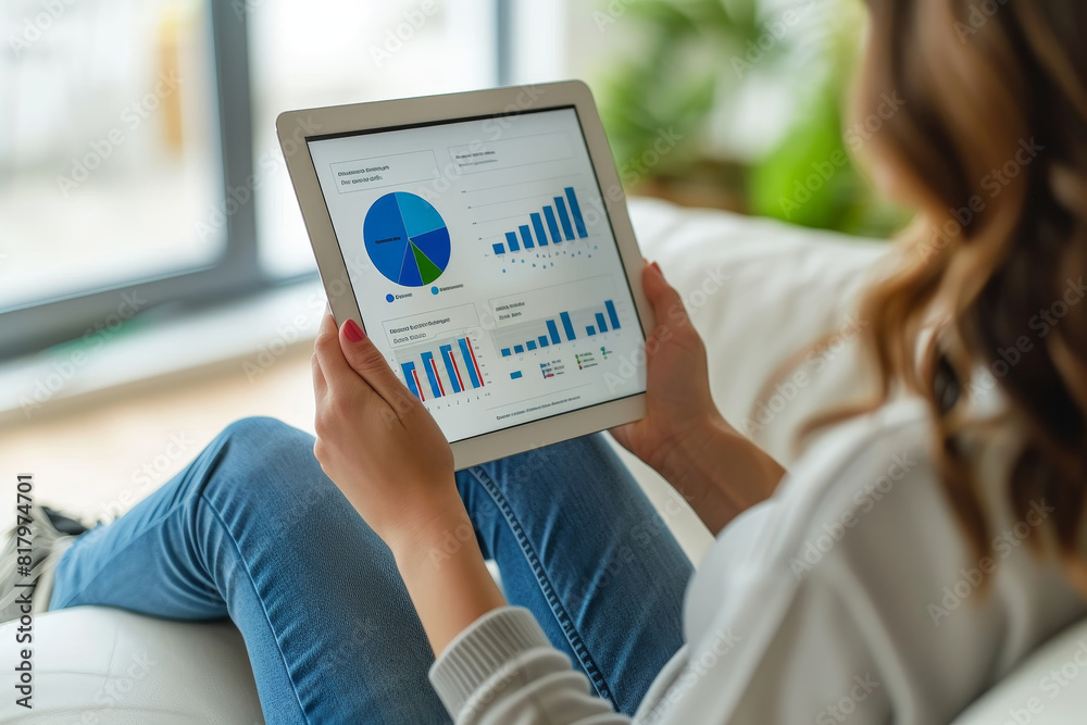 A woman sitting and analyzing business charts and graphs on a tablet at home. A woman sitting and analyzing business charts and graphs on a tablet at home.