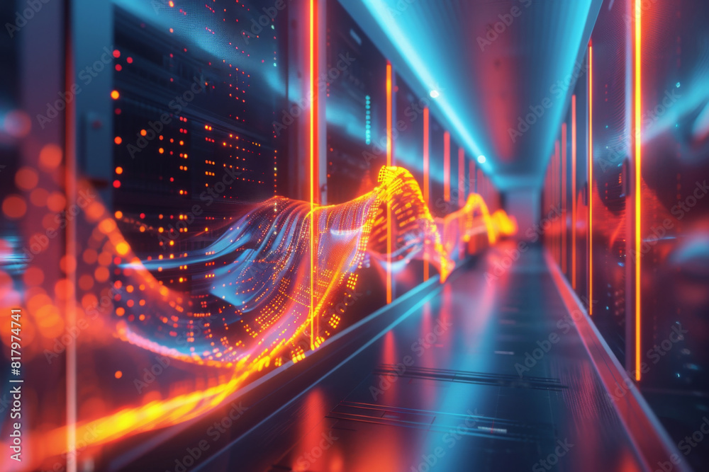 Futuristic server room with the flowing data.
