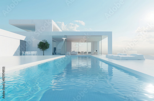 Modern contemporary house with a pool and garden, in white color and square shapes. © Kien