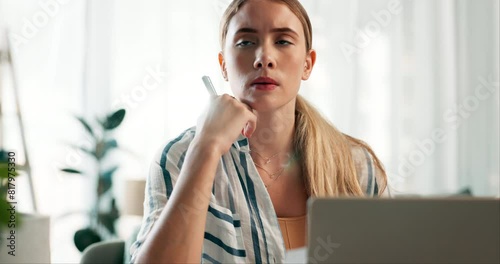 Woman, laptop and stress in home office for mistake as freelance copywriter, frustrated or remote work. Female person, unhappy and small business problem or annoyed or startup, report or disappointed