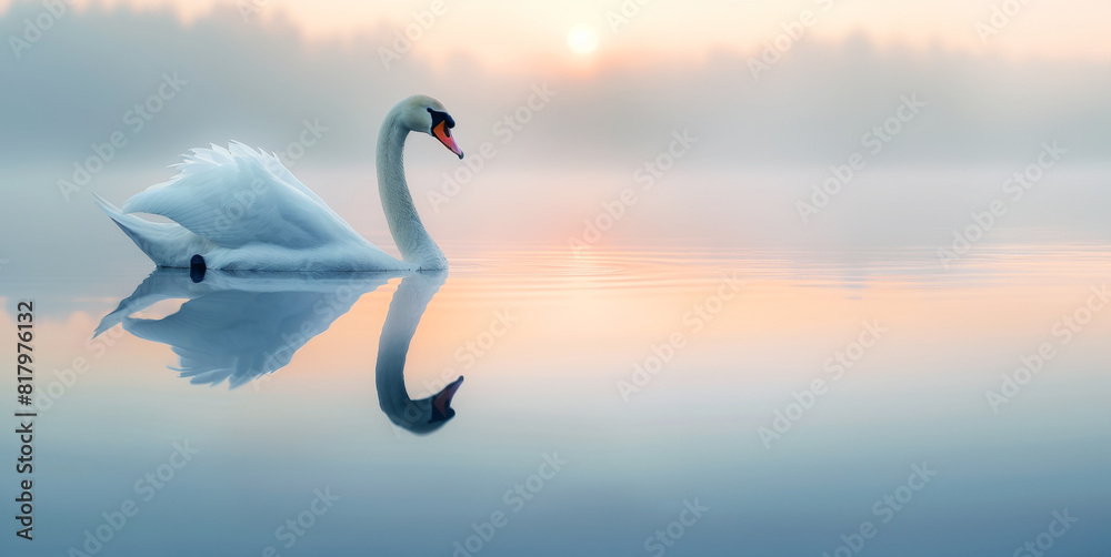 Obraz premium Beautiful white swan swimming floating on the water at sunrise of the day, graceful gliding serenely across a tranquil lake at dawn, its reflection mirrored in the still waters below