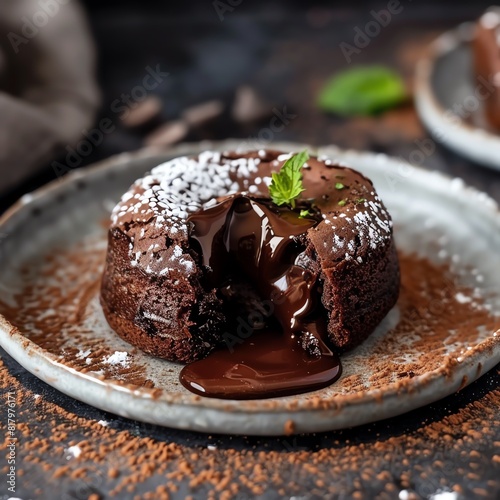 A molten chocolate lava cake with rich chocolate oozing out from the center,