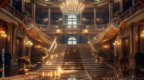 A grand entrance hall with a sweeping staircase and a crystal chandelier.