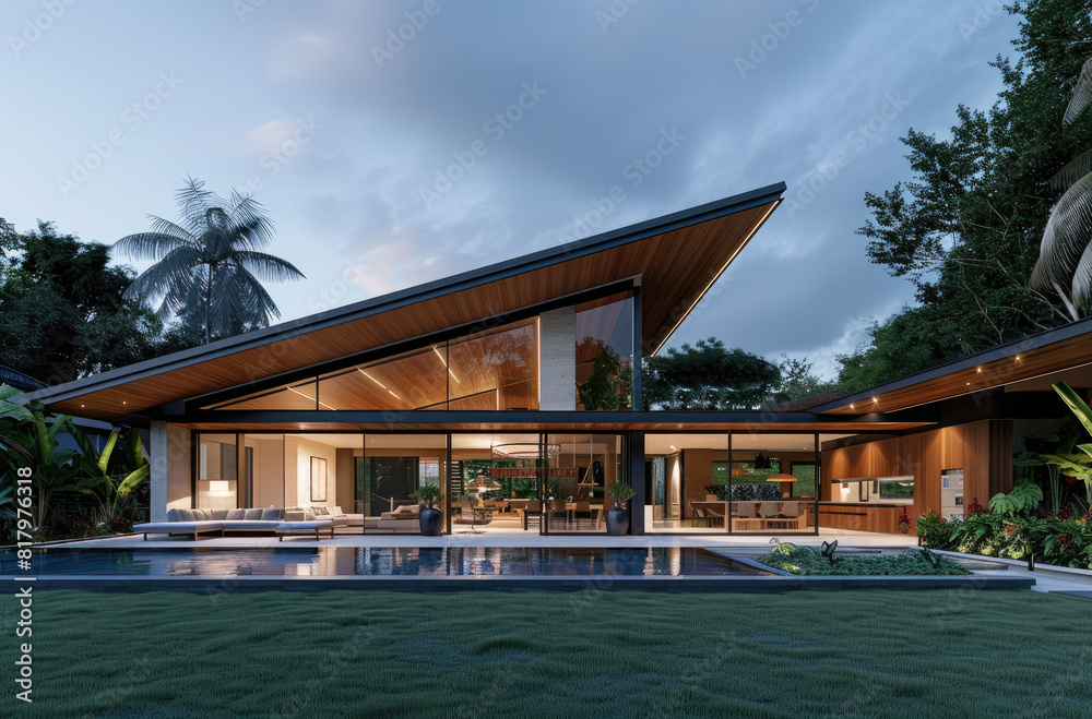 Modern minimalist villa with an open air living room, flat roof and wooden gable ceiling.