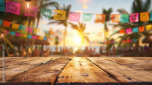 Empty wooden table top for product display, presentation stage. Mexican "Cinco de Mayo" party background with bokeh lights and paper decorations.