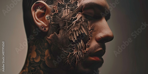 Overcome by Obsession: A man's visage is engulfed in a labyrinthine tattoo, conveying the depth of his all-consuming fixation. photo