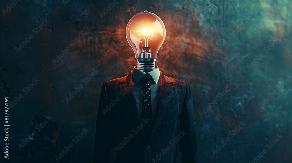 Abstract Background, Man in business suit with electric bulb instead head, contemporary art collage. Abstract Background, Man in business suit with electric bulb instead head, contemporary art collage.