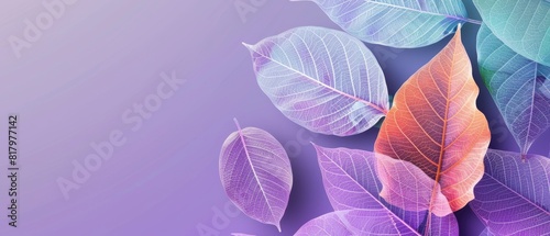Colorful transparent leaves in pastel style on a purple background with copy space. Leaf texture, leaf background with veins and cells. 