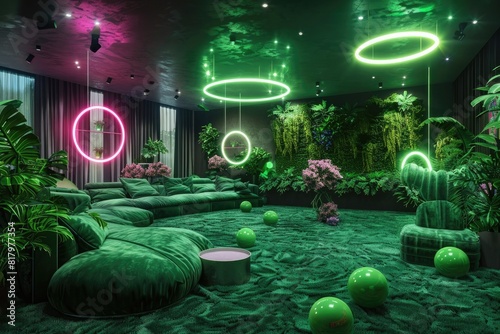 A dark room with green carpet  large sofa and armchairs  plants on the walls  neon lights in pink and emerald colors  green balls flying around  photorealistic