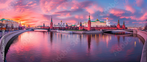 panoramic view of Moscow city  embankment with bridge and the Kremlin at sunset.