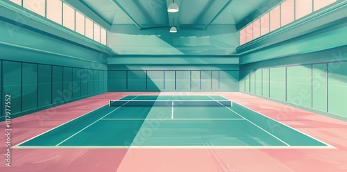 A flat illustration of an indoor tennis court in pastel colors, pink and teal, in a minimalistic style.