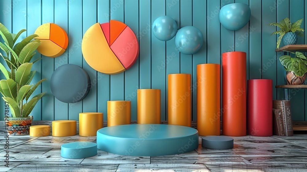 Colorful 3D Bar Graphs on a Wooden Base with Light Rays, Colorful 3D ...