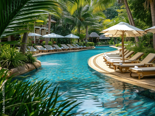 Upscale resort boasts a tropical pool with lush flora  comfy sunbeds  and umbrellas - an ideal oasis for ultimate relaxation.