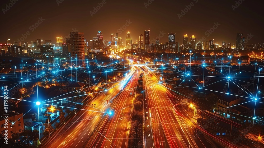 A depiction of smart city technology represented by interconnected pixels and lines, showcasing a distinctive integration of modern and innovative smart technologies . Generative AI