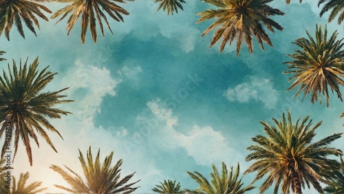 watercolor painting of palm trees and blue sky with sun lights  design with copy space